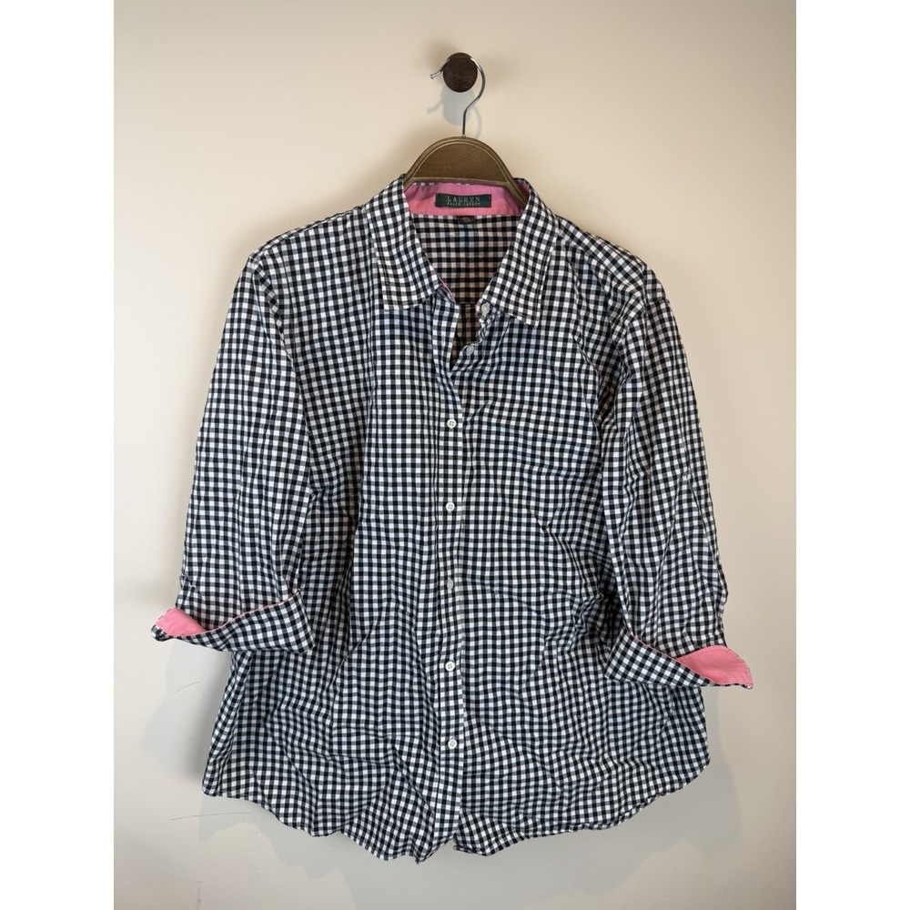 Lauren Ralph Lauren Black And White Long Sleeved Gingham Shirt With Pink Trim 2X